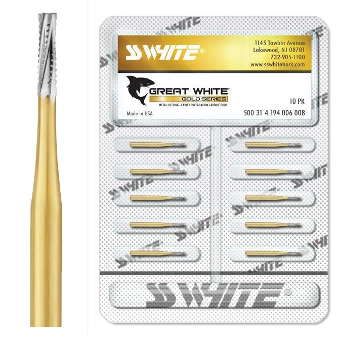 SS White 18220-5 Friction Grip FG #557 Surgical Length Great White Gold Straight Fissure Carbide Burs 5/Pk SS White 18220-5 Friction Grip FG #557 Surgical Length Great White Gold Straight Fissure Carbide Burs 5/Pk